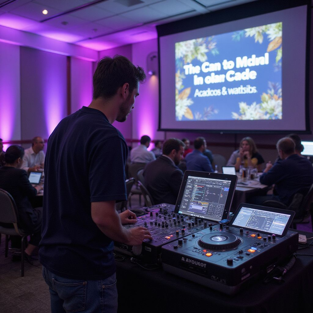 Professional AV Tech Mixing Sound at Corporate Meeting with Large Presentation Screen 