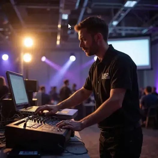 Sound Engineer Operating Soundboard at Corporate Event with Screen and Ambient Lighting
