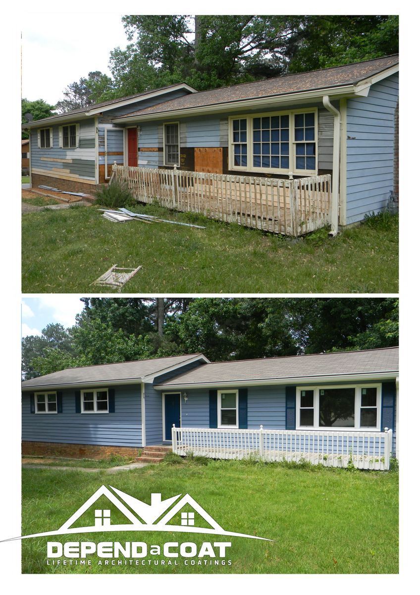 A before and after picture of a house that has been painted blue.