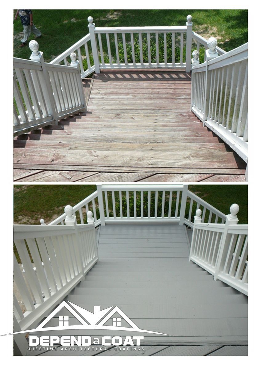 A before and after picture of a deck with a white railing.