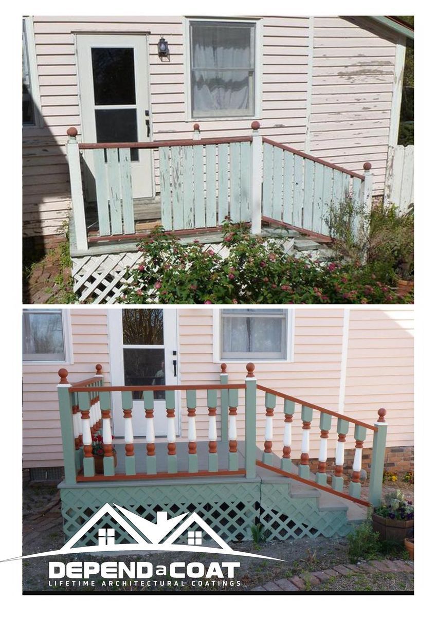 A before and after picture of a house with a porch.