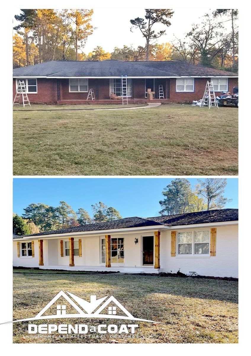 A before and after picture of a brick house being painted white.