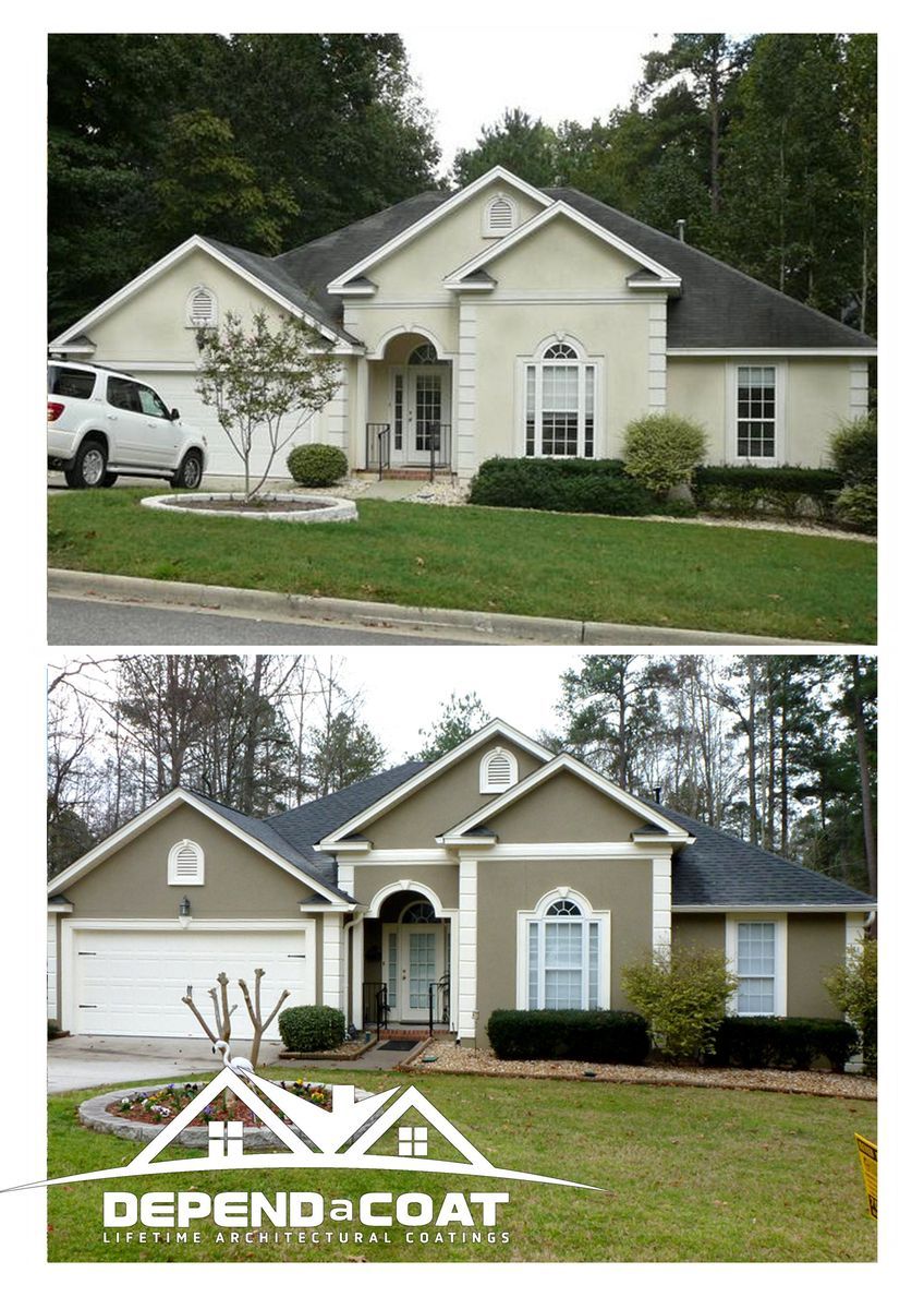 A before and after picture of a house painted by depend & coat