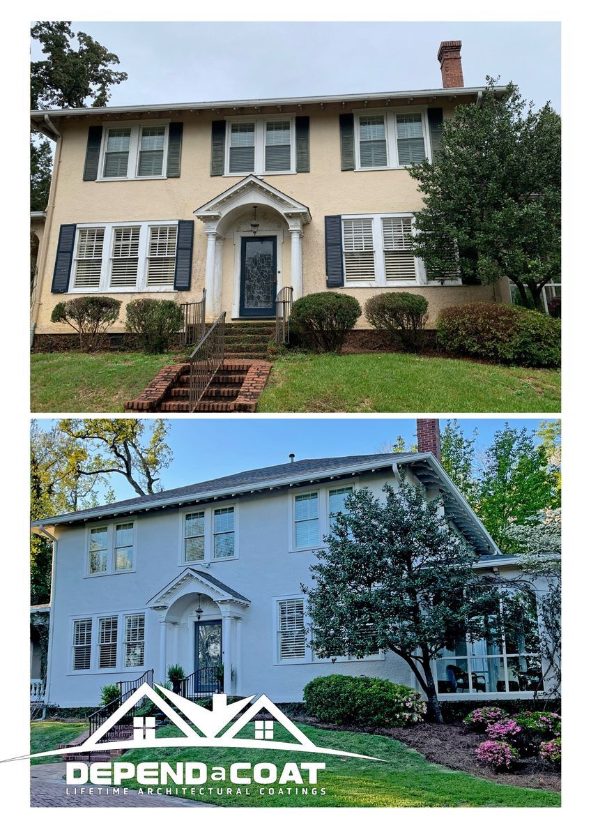A before and after picture of a house that has been painted white.