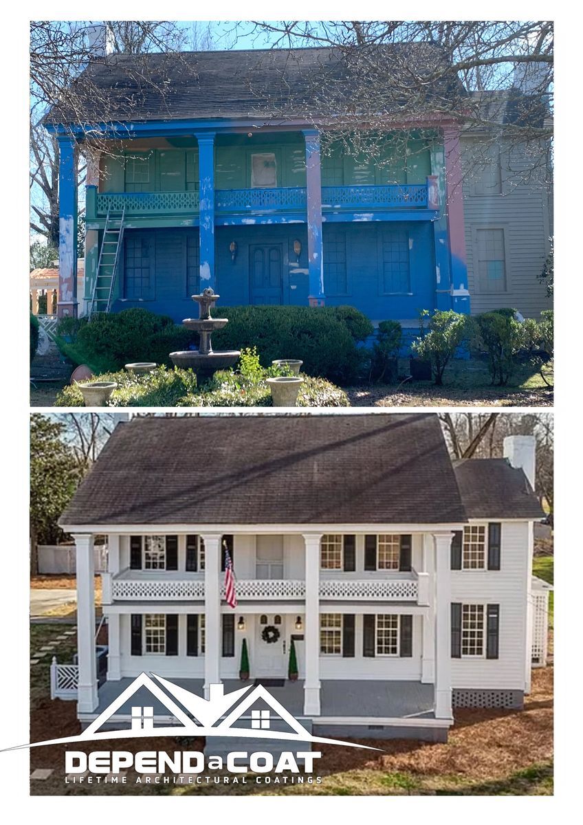 A before and after picture of a house that has been painted blue.
