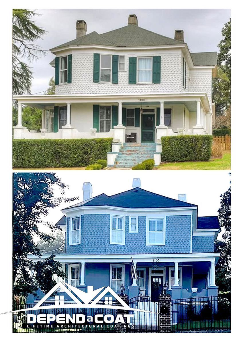 A picture of a house before and after being painted blue