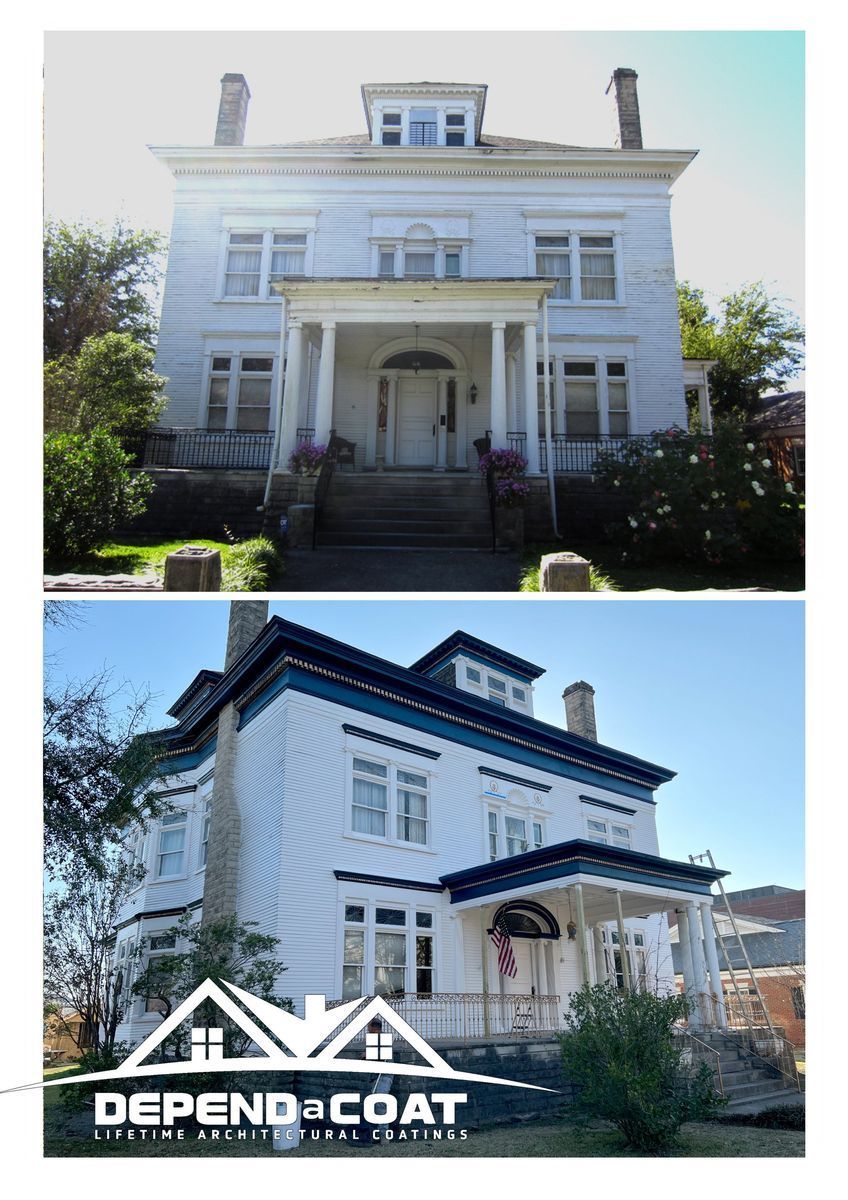 A before and after picture of a white house with a blue trim.