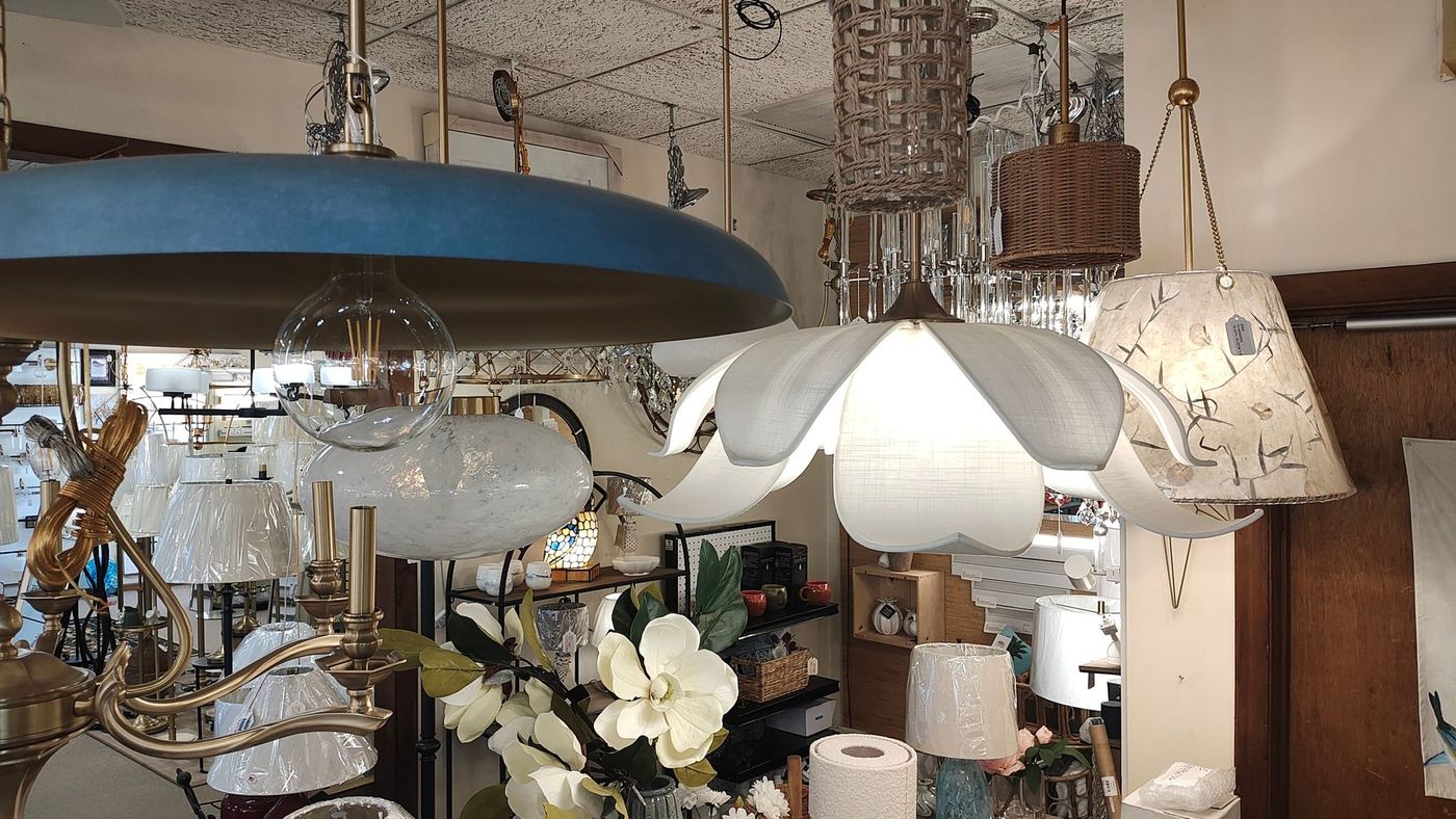 Floor-to-ceiling display of luxury chandeliers and pendant lights at Avon Lighting Showroom