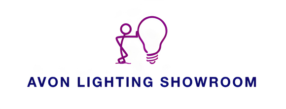A logo for avon lighting showroom with a light bulb on a white background.