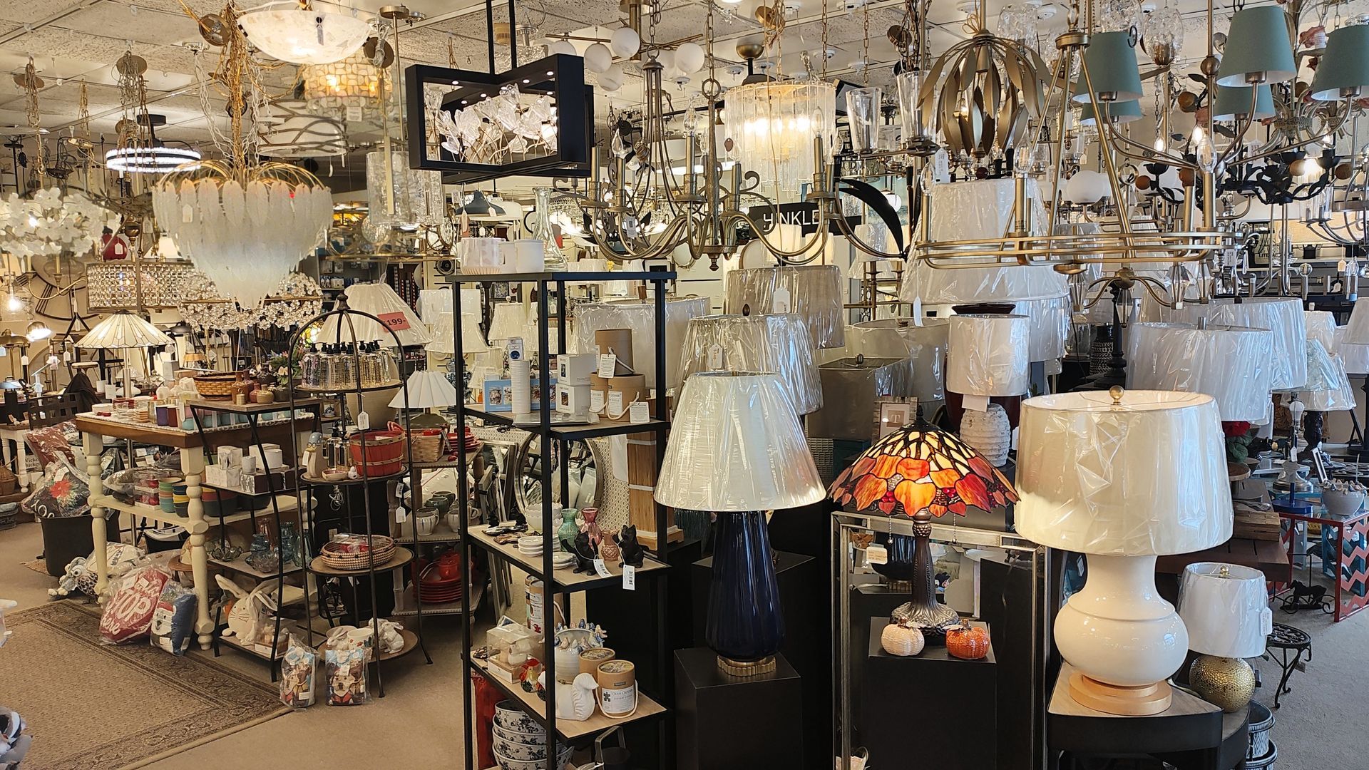 A selection of decorative lighting fixtures and lamps displayed at a local lighting store.