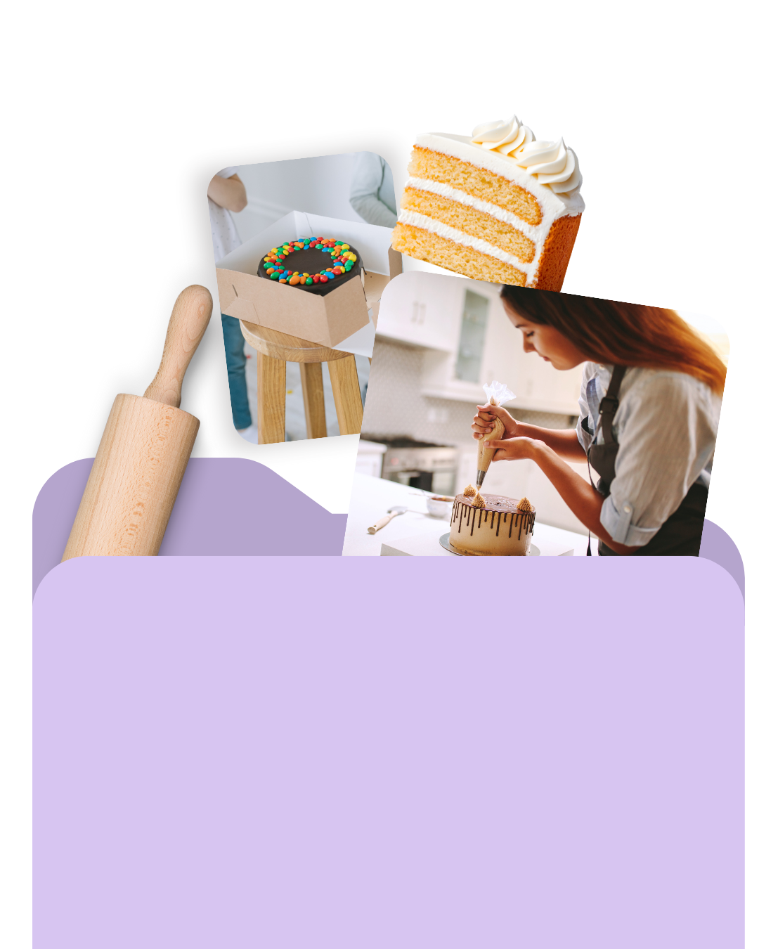 Escena de preparación de un pastel: una mujer decorando un pastel, una rebanada de pastel, un rodillo.