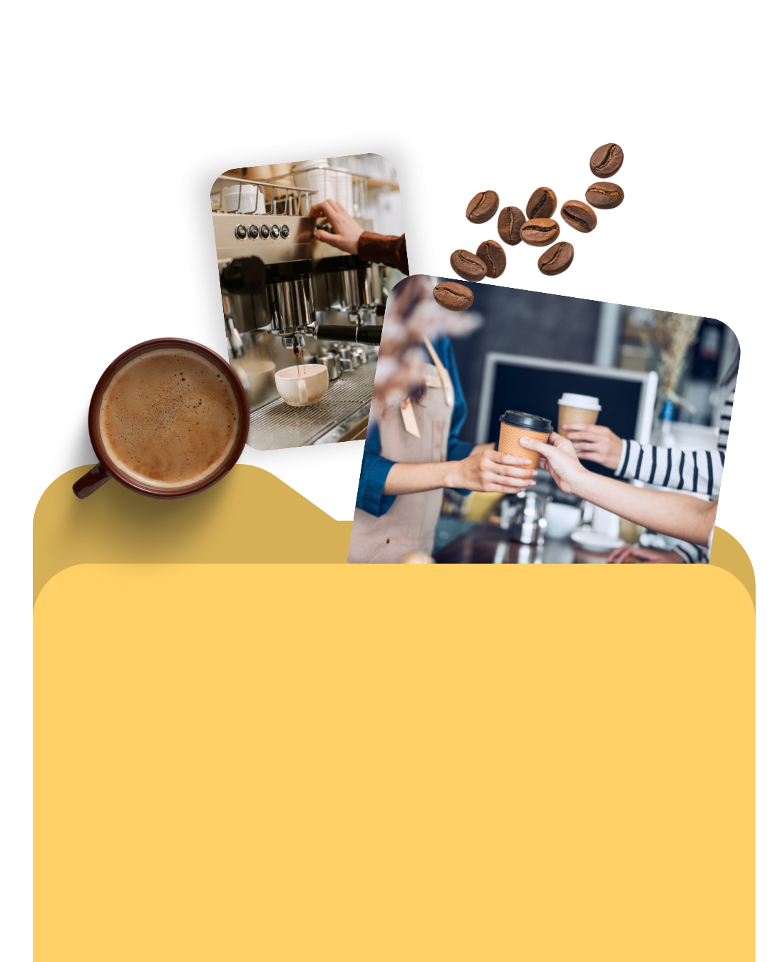 Escena de preparación de café: taza de café, granos, barista sirviendo bebidas.