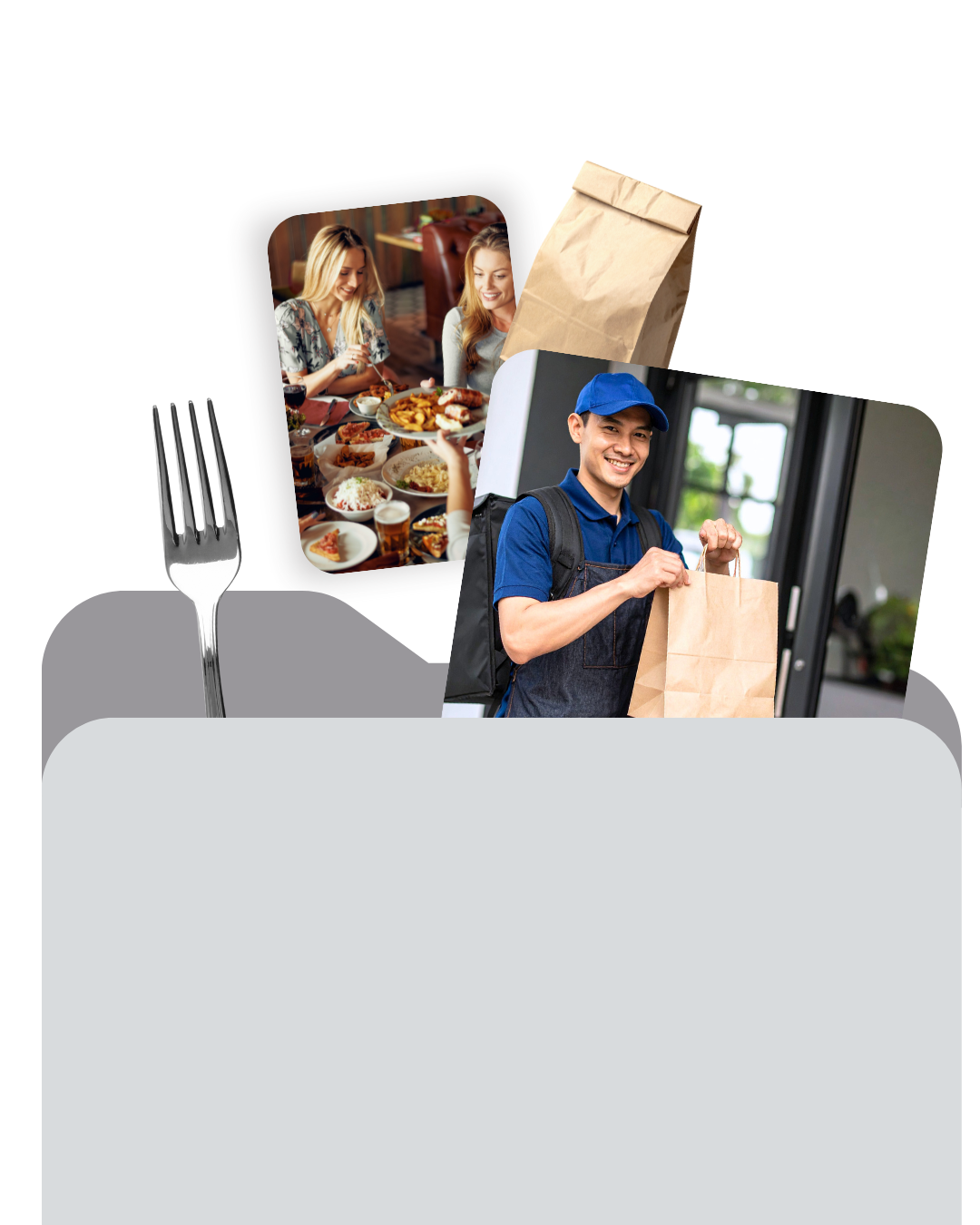 Dos mujeres cenando, un repartidor de comida en una puerta y una bolsa de papel marrón con un tenedor sobre un fondo blanco.