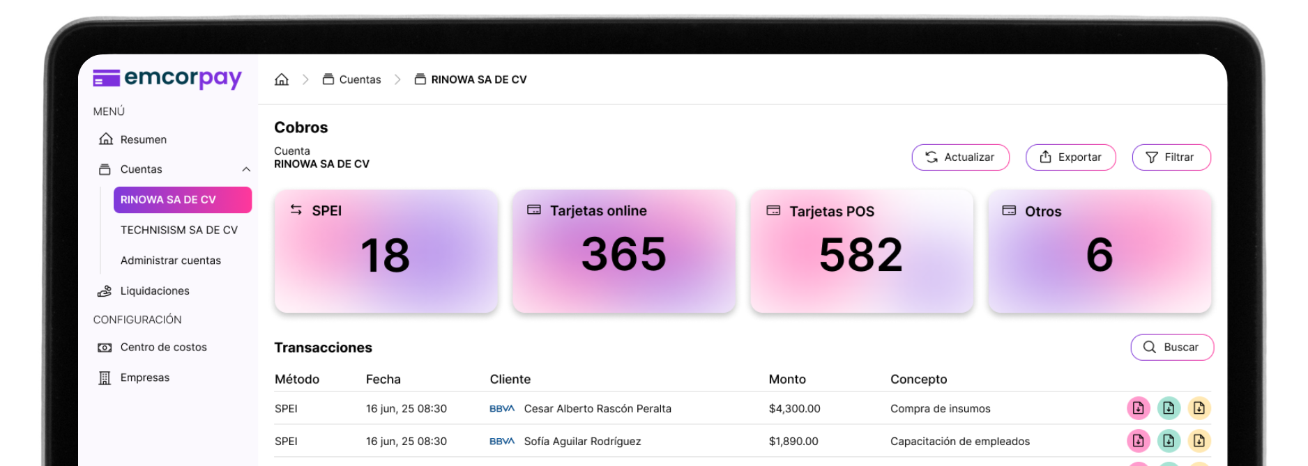 Una pantalla de tableta con un panel de datos que muestra métricas: 18, 365, 582 y 6 en cuadros de colores.