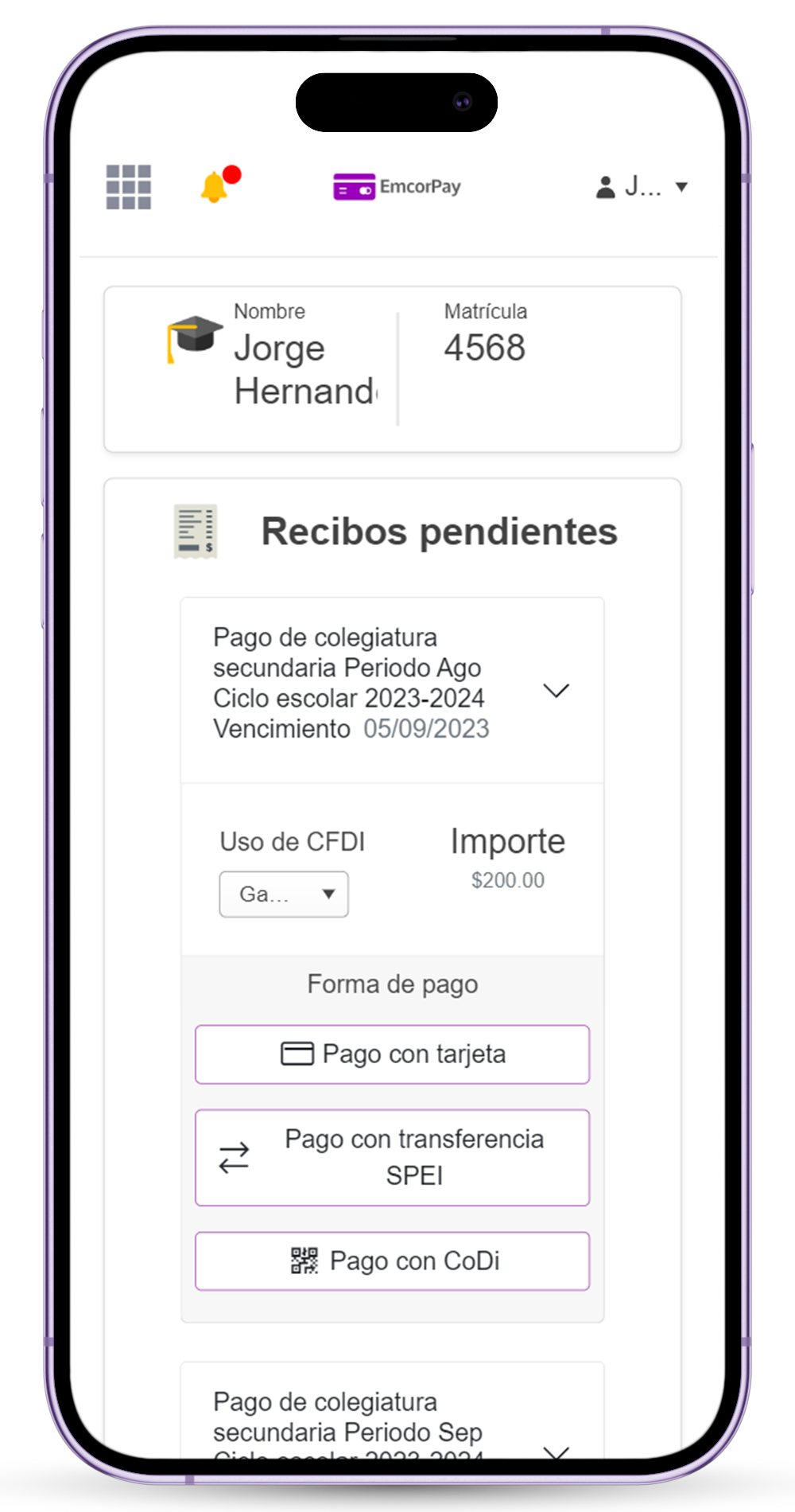 Un teléfono celular con una aplicación en idioma español.