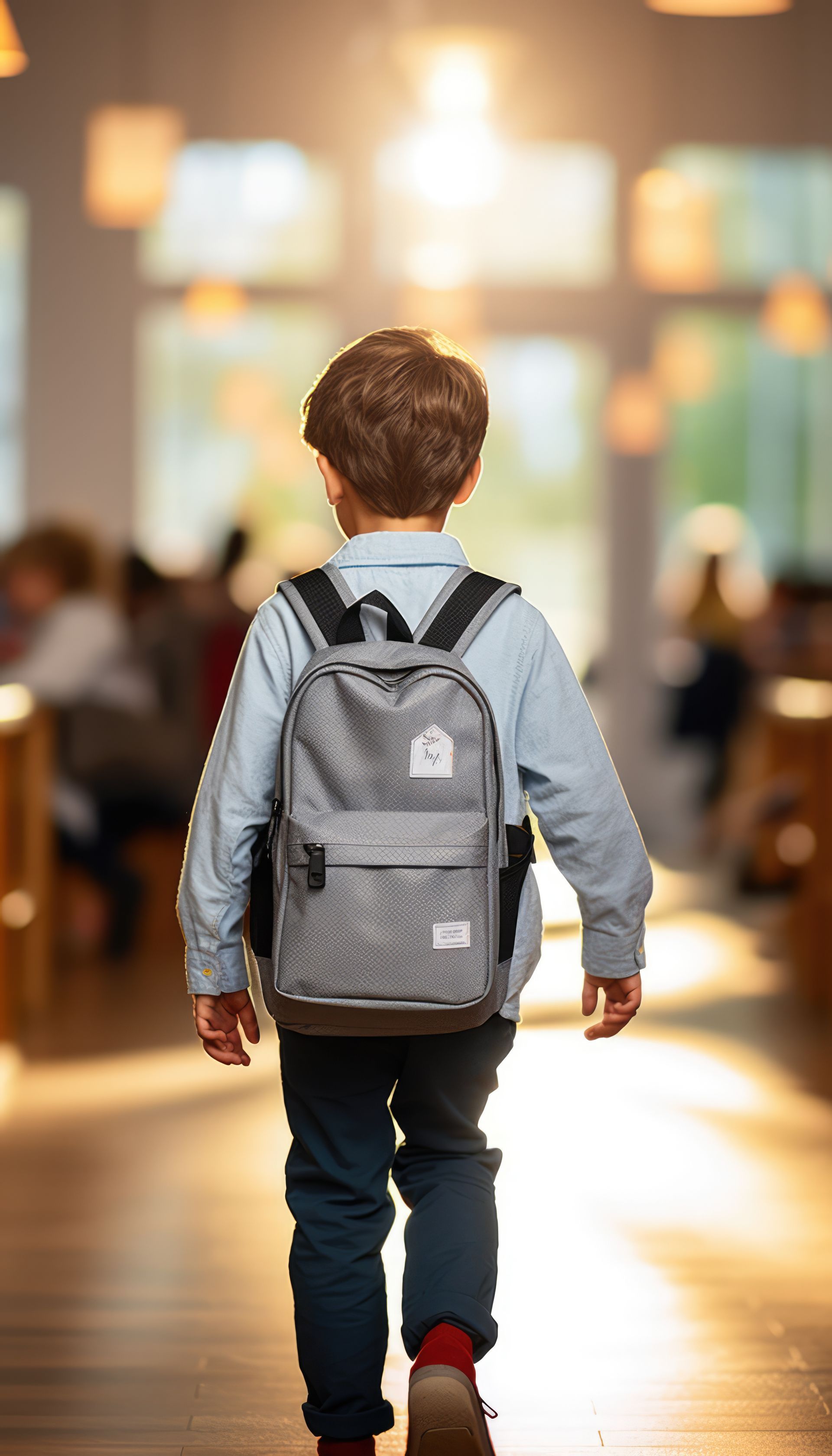 Un niño pequeño con una mochila camina por un pasillo.