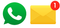 Un icono verde de WhatsApp al lado de un sobre amarillo con una notificación roja.