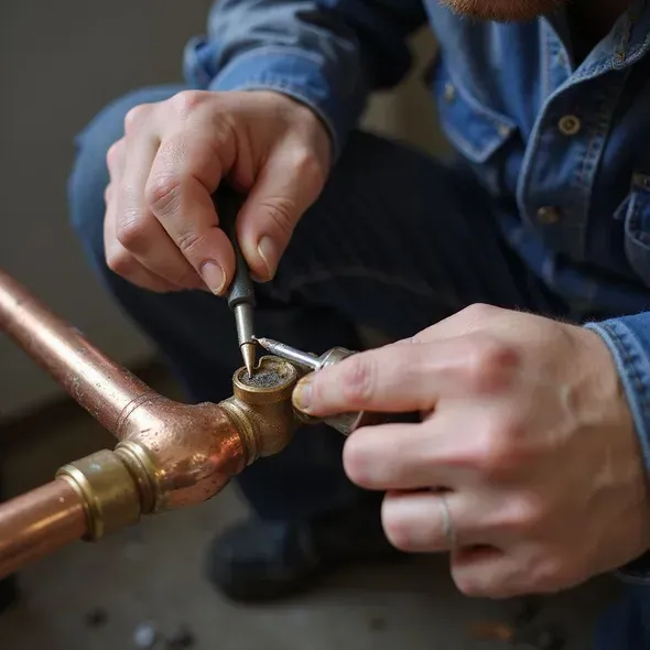 Person soldering copper pipes, close-up view. The person wears a blue denim shirt.