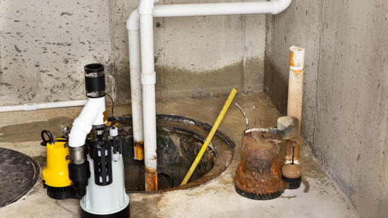 Sump pump system in a concrete basement. Includes pipes, a pump, and a pit.