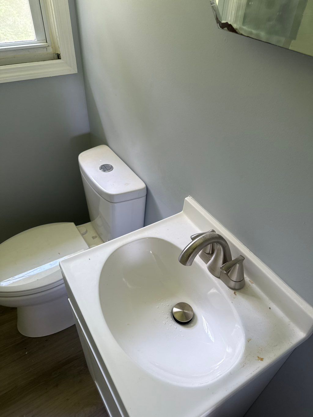 Bathroom with a white toilet and sink on a white cabinet; the walls are light gray.