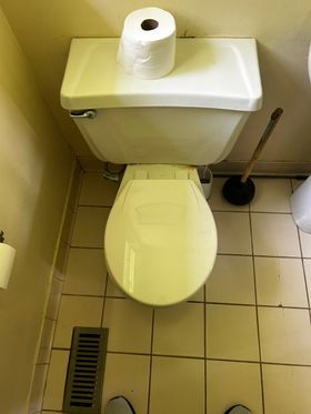 White toilet with closed lid, plunger, and toilet paper in a tiled bathroom.