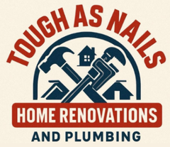 Logo: "Tough as Nails" home renovation and plumbing business, blue/red colors with tools and house icons.