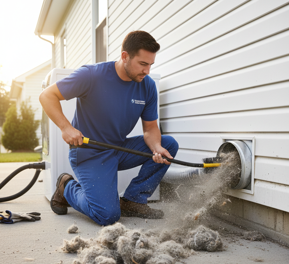 Man cleaning a dryer vent, using a brush to remove lint outside a house.