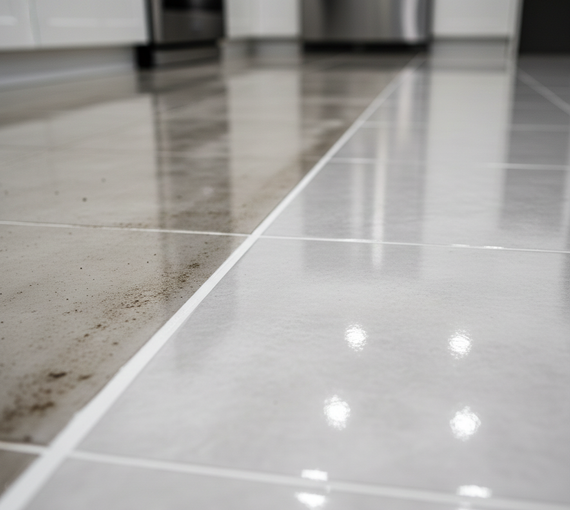 Cleaned and dirty tile floor, contrasting grey and shiny surfaces. White grout.