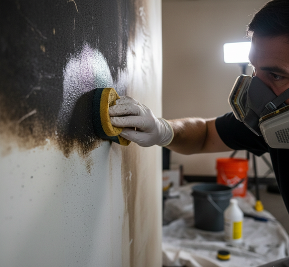 Person wearing a respirator scrubbing a soot-covered wall with a sponge and gloves.
