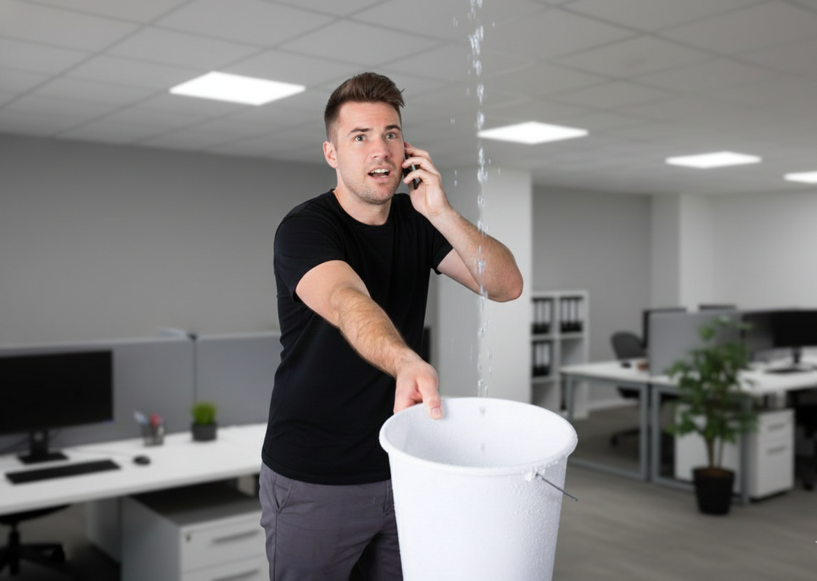 Man in office, holding bucket, catching water leaking from the ceiling while on the phone.