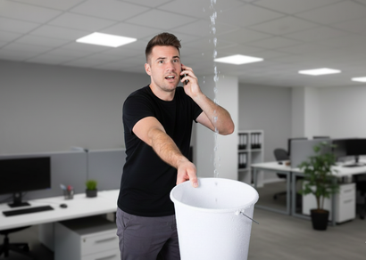 Man in office, holding bucket, catching water leaking from the ceiling while on the phone.