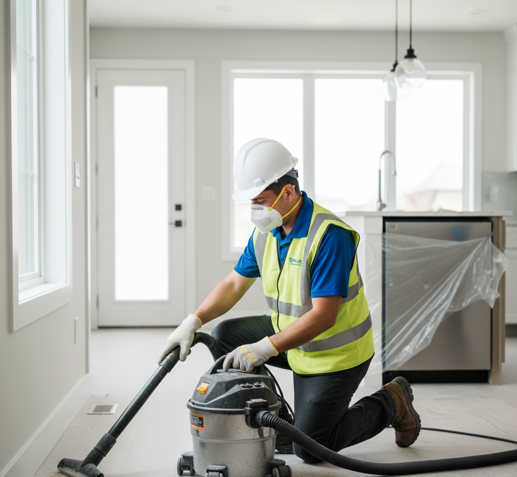 Construction worker in hard hat, mask, and safety vest vacuums a new home's floor.