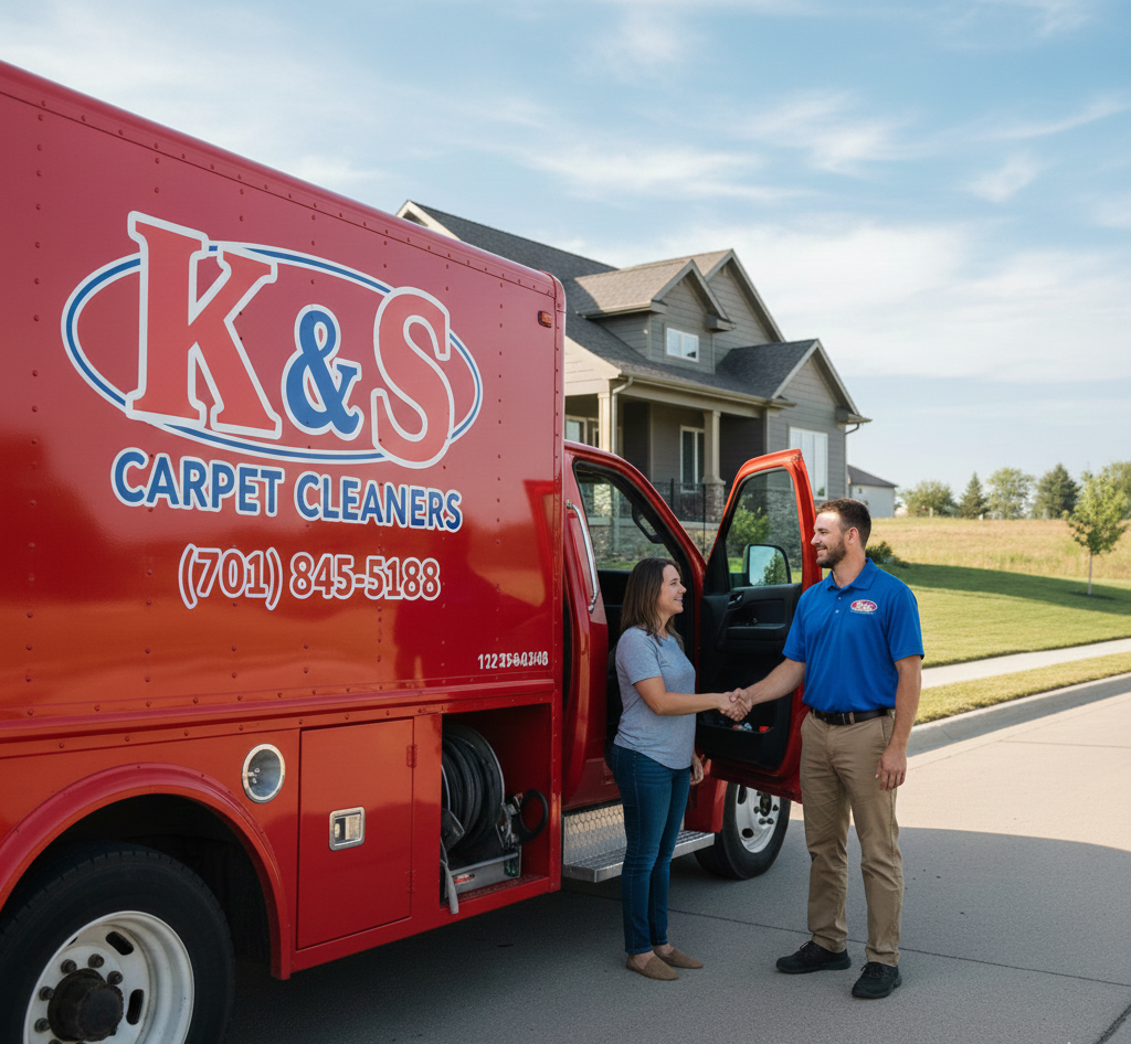 A red K&S Carpet Cleaners truck with a man and woman shaking hands in front of a house.