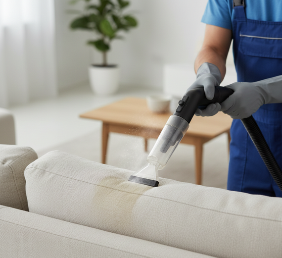 Person in blue overalls cleaning a beige couch with a handheld upholstery cleaner.