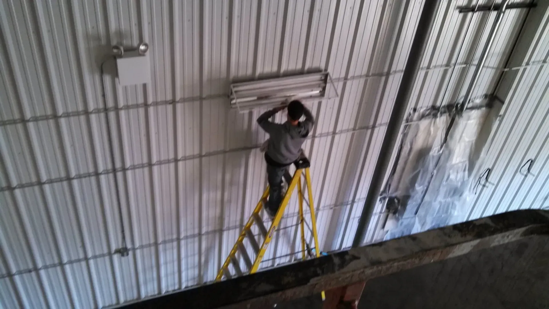 Person on a ladder installing a fluorescent light fixture on a metal ceiling in a commercial building.