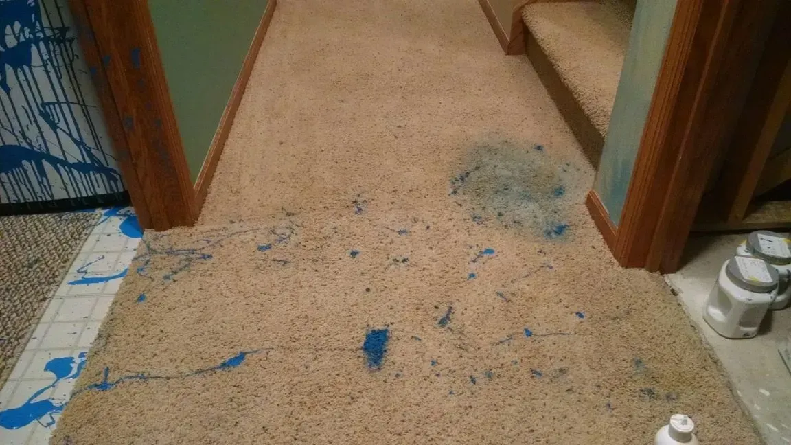 Blue paint spilled on carpet and wall in a laundry room, person’s foot visible.