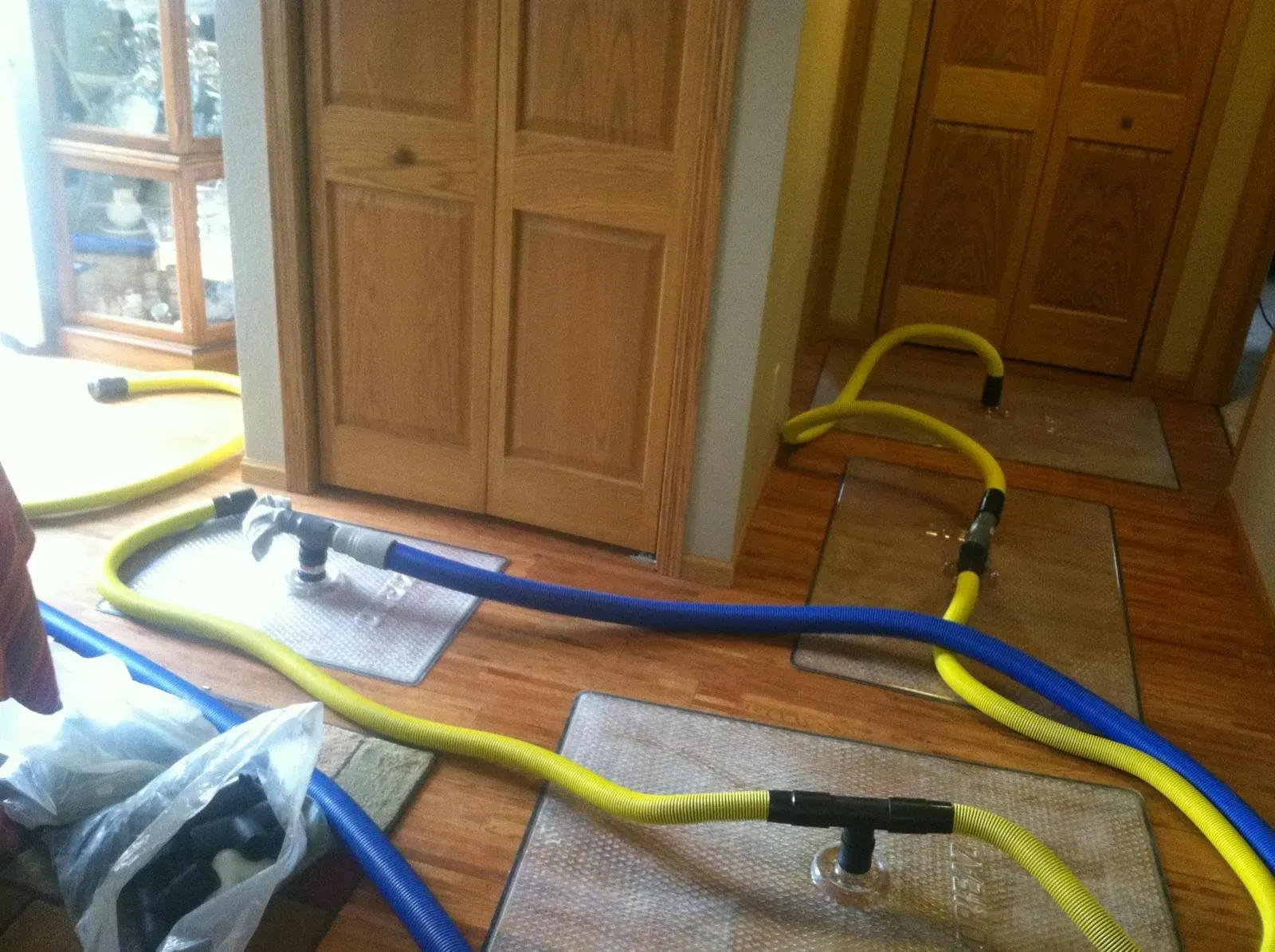 Blue and yellow hoses connected with T-fittings on a hardwood floor, possibly for water damage remediation.