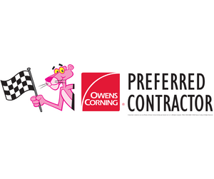 Pink Panther holding a checkered flag, Owens Corning logo, and
