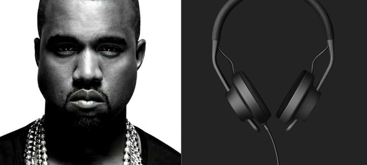 a black and white photo of kanye west next to a pair of headphones
