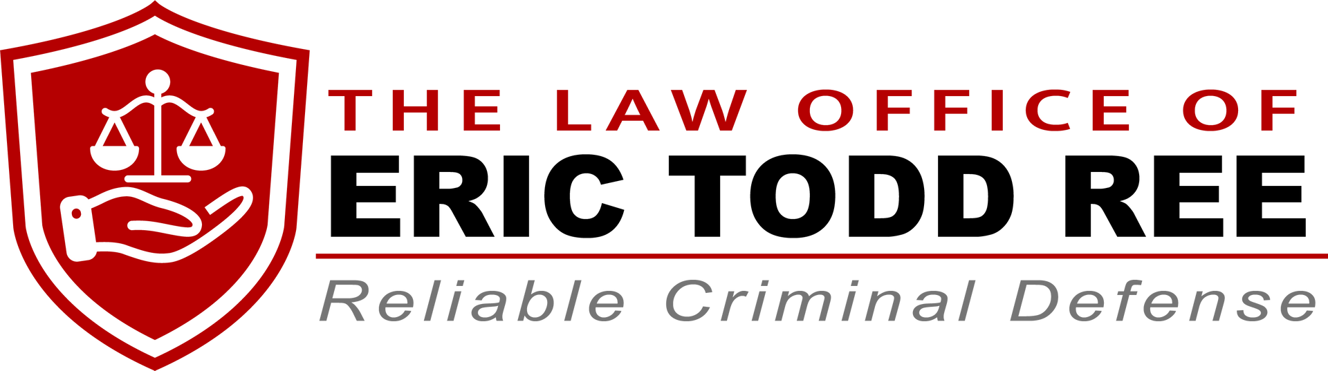 Logo for The Law Office of Eric Todd Ree. Red shield with scales of justice and hand, black text