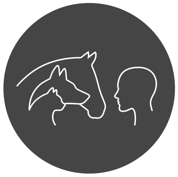 Silhouette d'un cheval, d'un chien, d'un chat et d'une personne dans un cercle gris foncé.