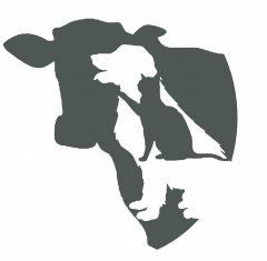 A silhouette of a cow , dog , and cat.