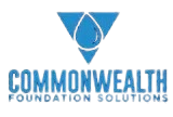 Logo for Commonwealth Foundation Solutions, featuring a blue water drop within a blue upside-down triangle.