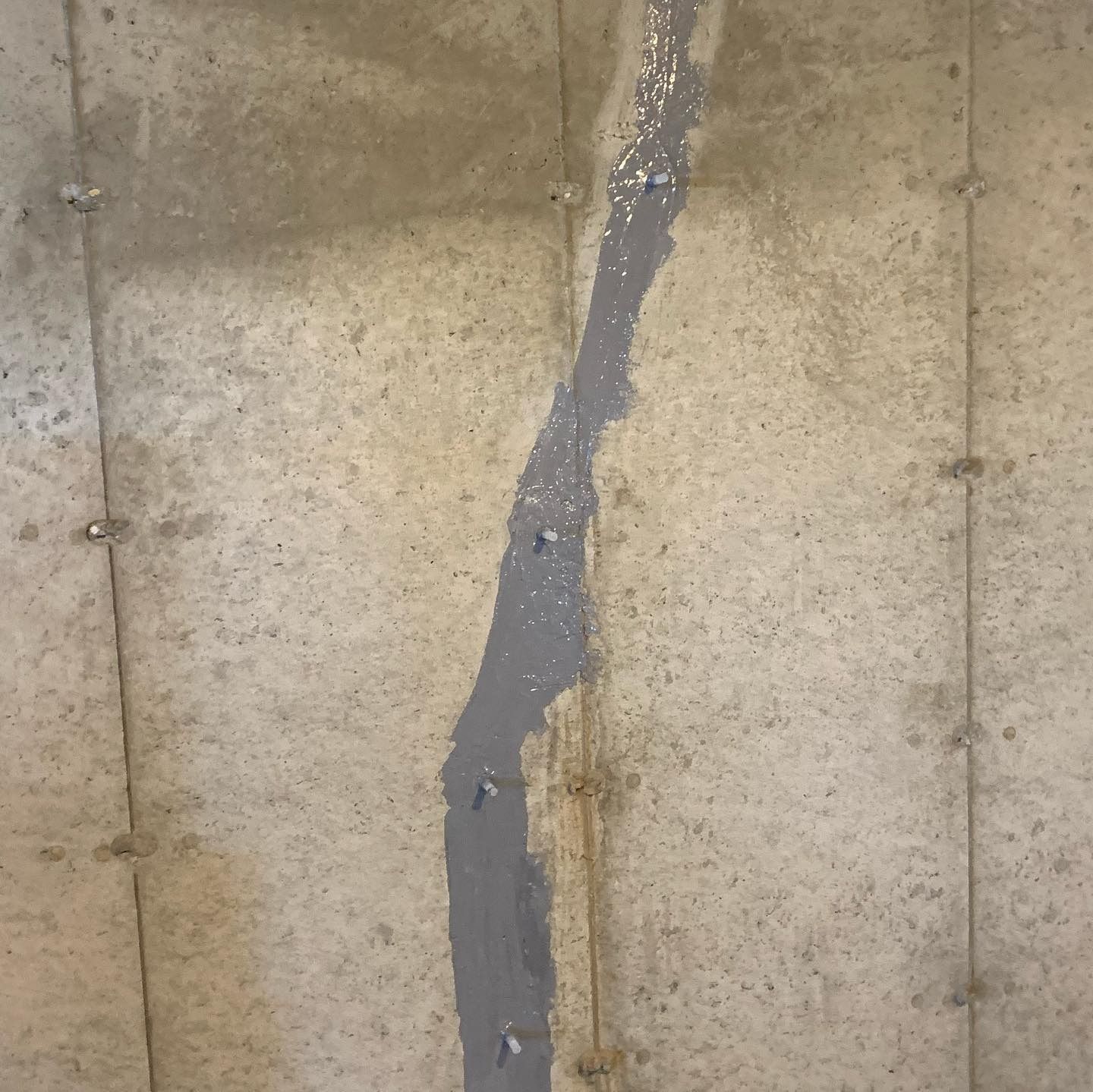 Gray concrete wall with a long, filled crack running vertically.