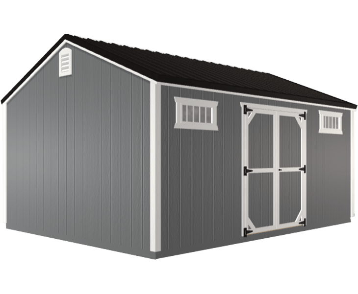3D builder of a gray shed with a black roof and white trim
