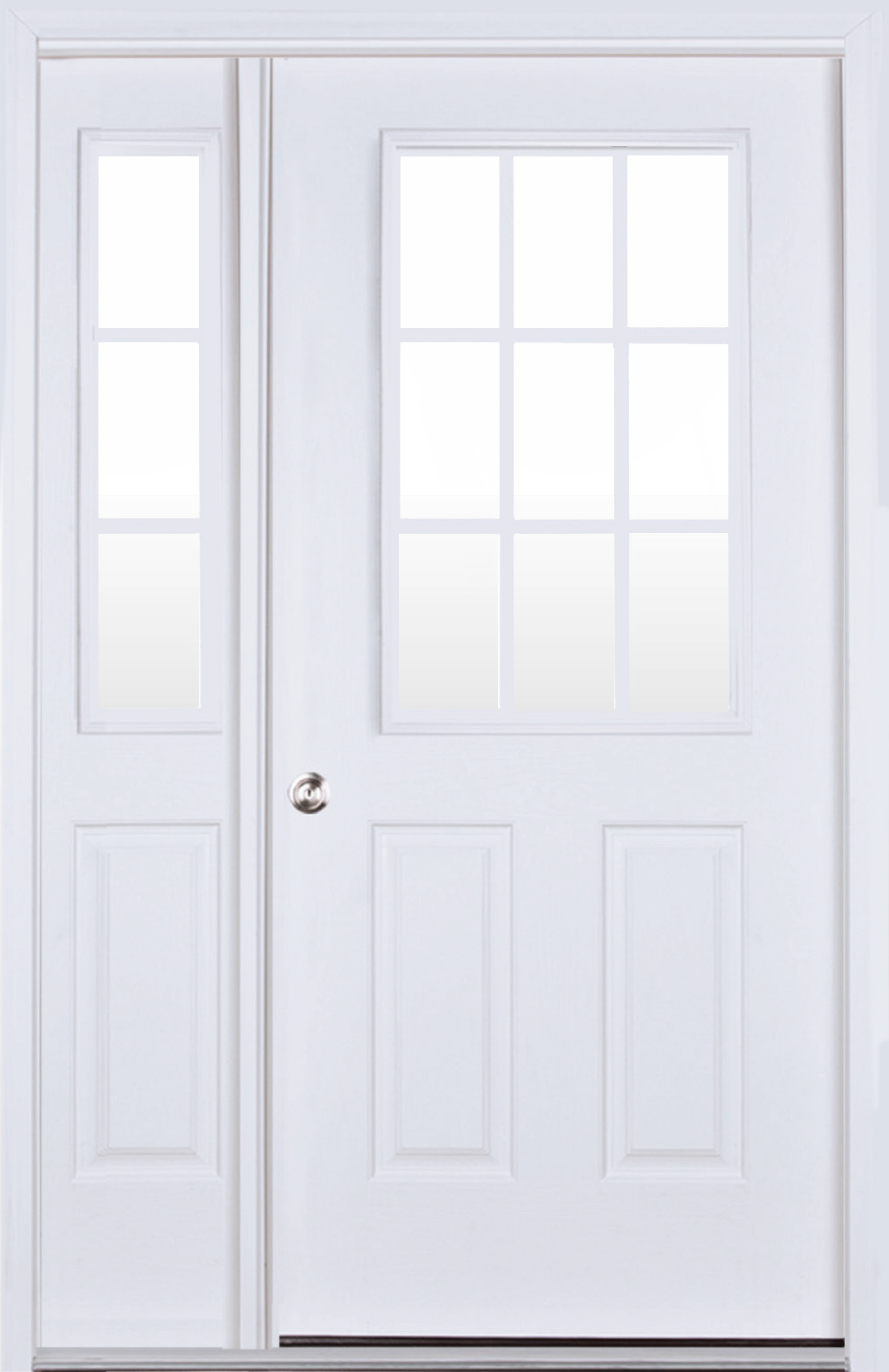 A white door with two windows and a handle on a white background.