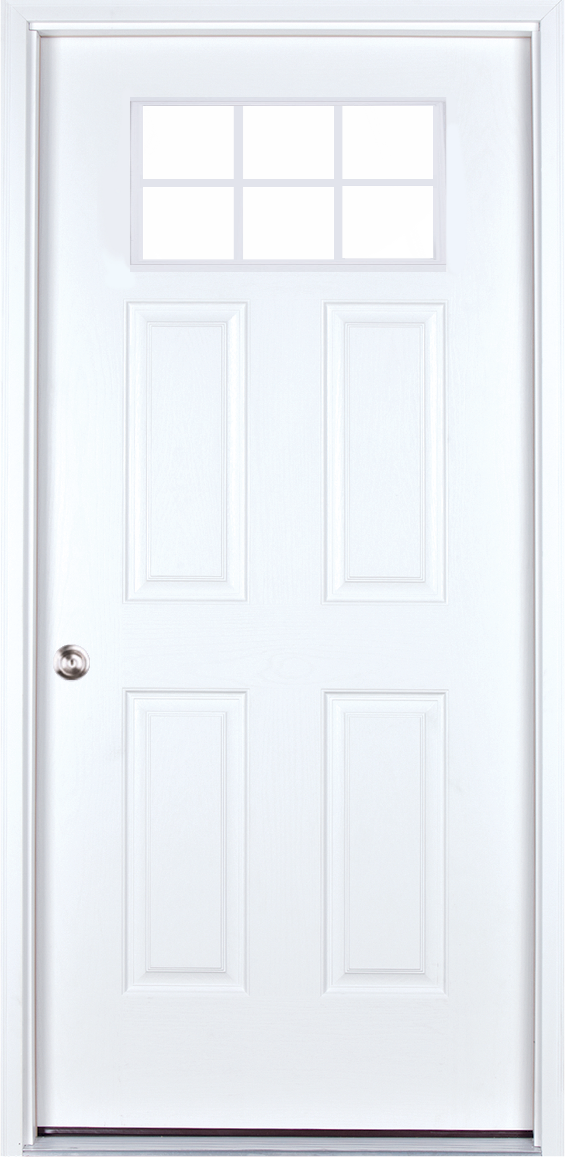 A white door with three windows on a white background.