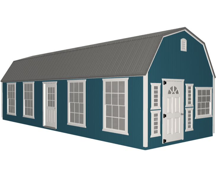 A blue barn with white doors and windows on a white background