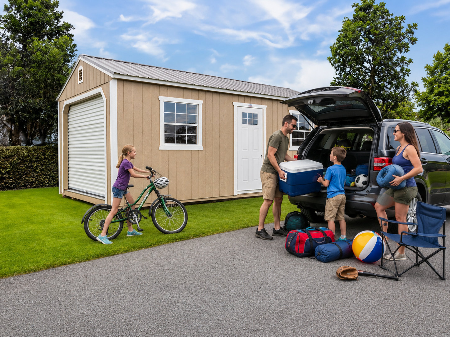 Family camping setup beside beige shed, with open SUV, bikes, and sports gear on a paved driveway