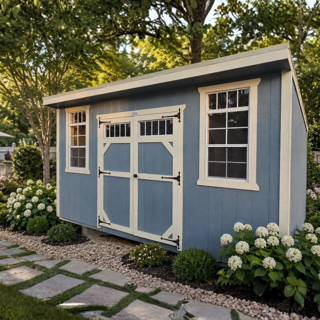 Blue garden shed with white trim, double doors, and flower beds along a stone path